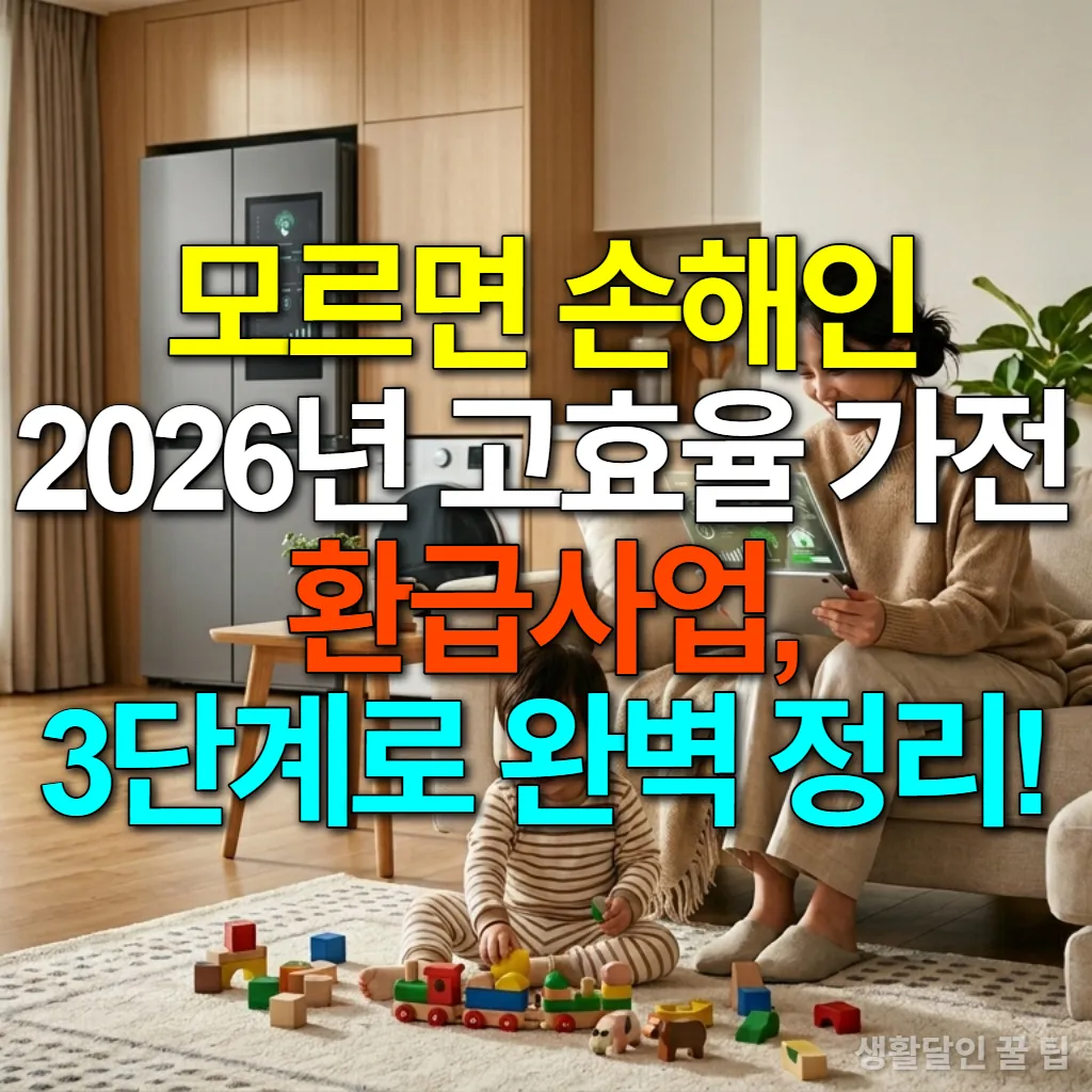 스마트폰으로 고효율 가전 환급 정보를 확인하는 한국인 주부와 아이