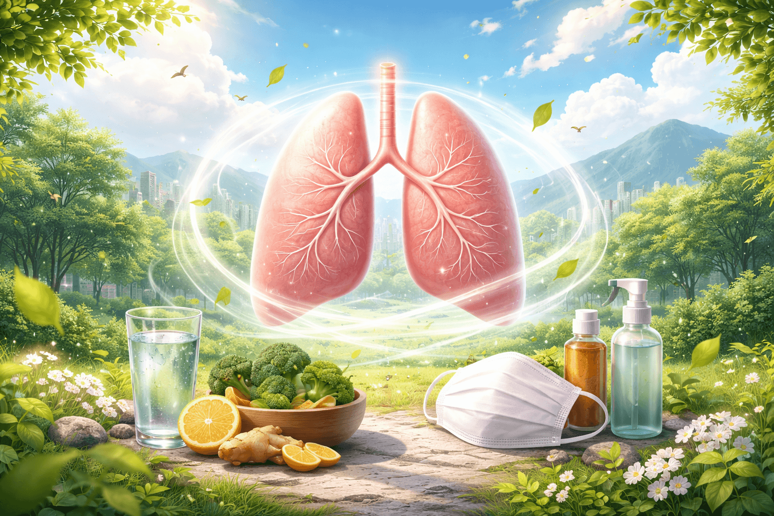 맑은 하늘과 숲이 어우러진 한국 자연 배경 속에서 깨끗한 폐를 중심으로 마스크, 물, 채소 등이 함께 배치된 폐 건강 관리 개념 이미지