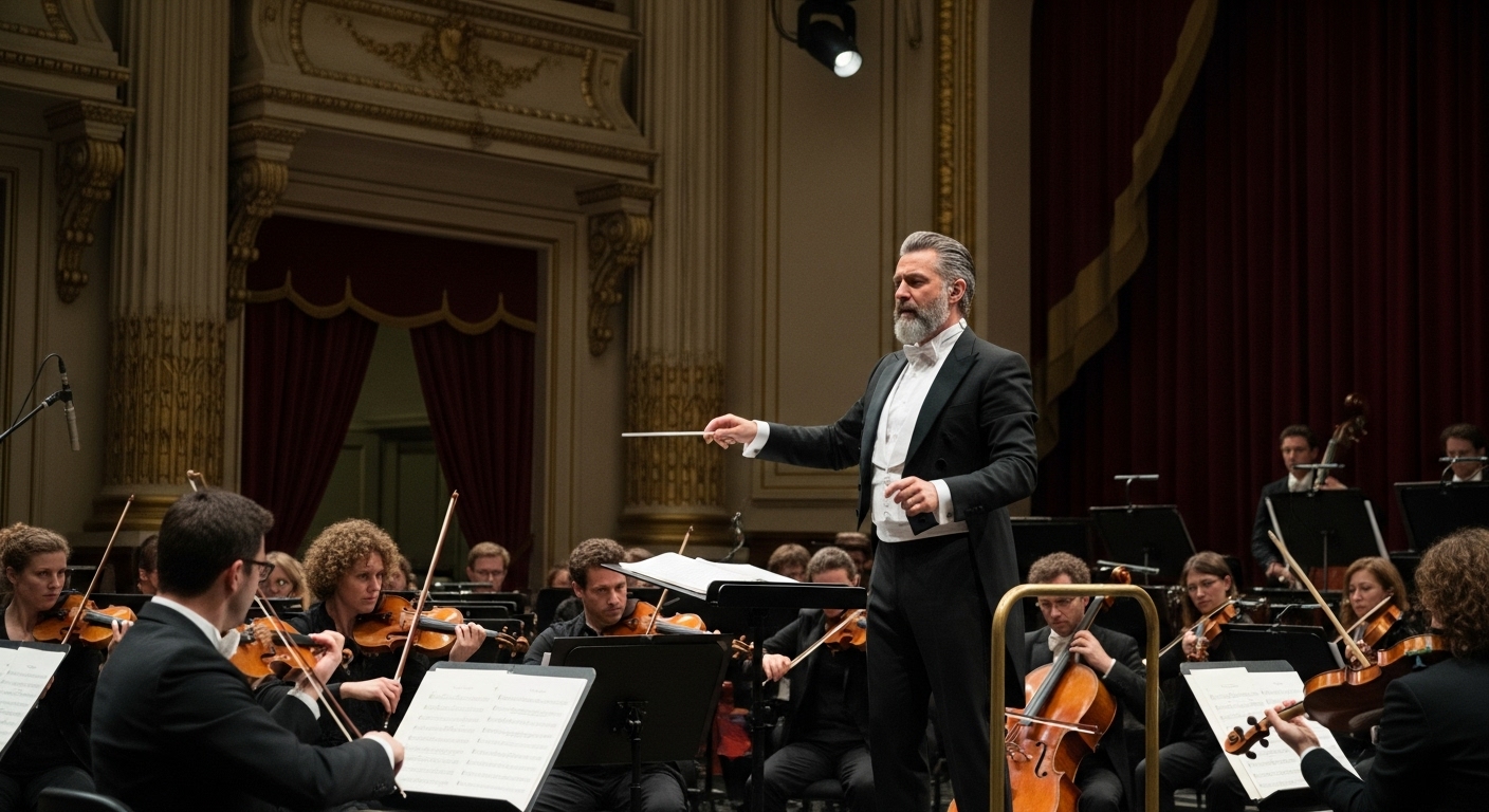 웅장한 콘서트홀 무대 위에서 영화 음악을 열정적으로 지휘하는 지휘자의 모습. 지휘자의 역동적인 움직임에 초점을 맞춘 이미지