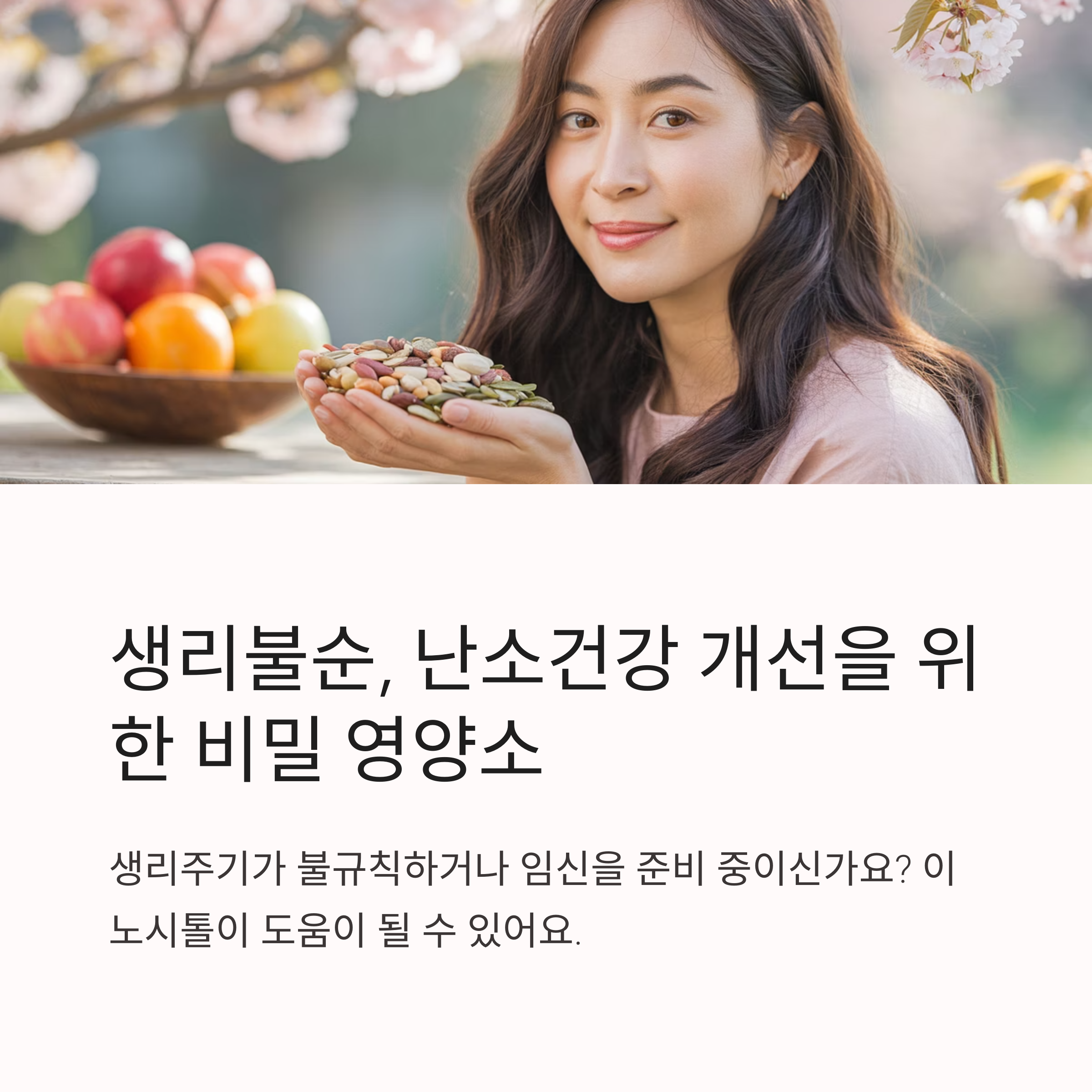 한 여성이 양손에 견과류와 씨앗을 들고 미소 짓고 있다. 배경에는 과일이 담긴 그릇과 벚꽃이 보인다.