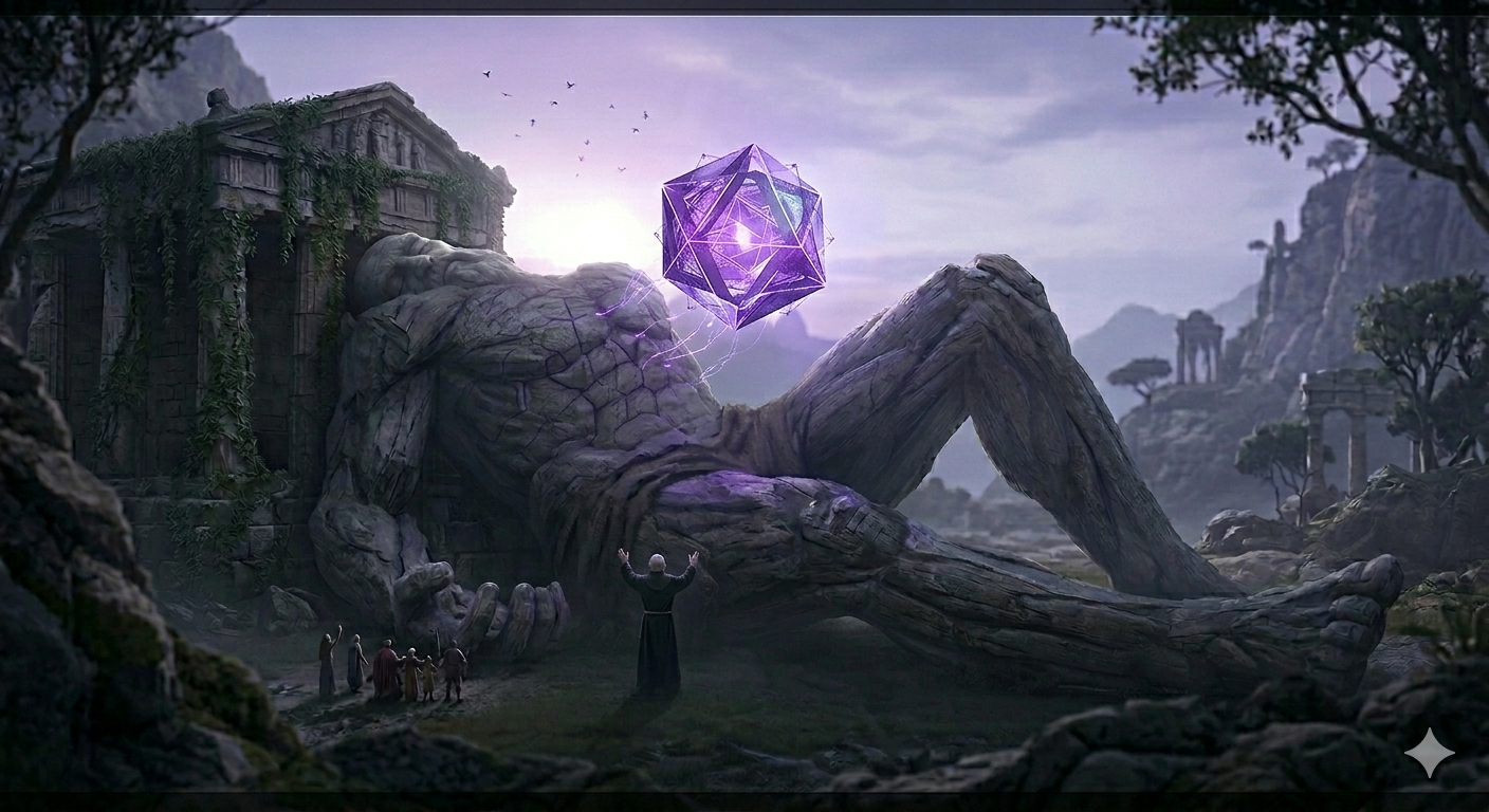 쓰러진 거인 앞에 선 검은 로브의 노인. 거인의 가슴에서 보랏빛으로 빛나는 정이십면체 형태의 기하학적 '심장'이 허공으로 분리되어 떠오르는 결정적 순간.