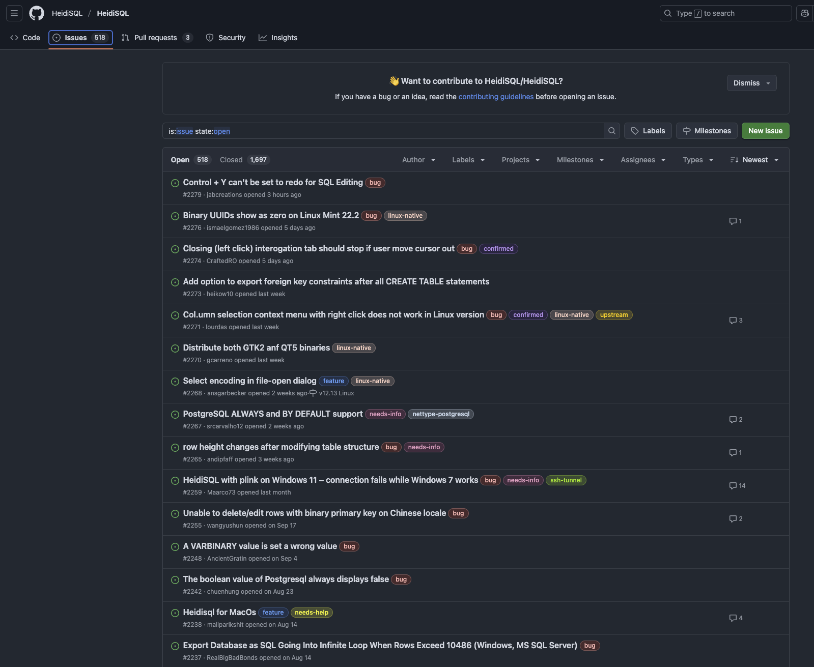 HeidiSQL 깃허브 이슈창 화면