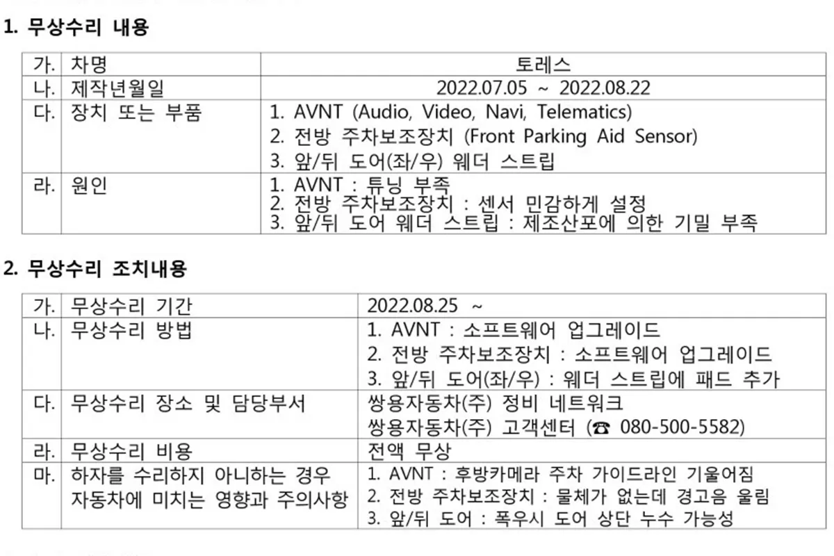 토레스 무상 수리 내역