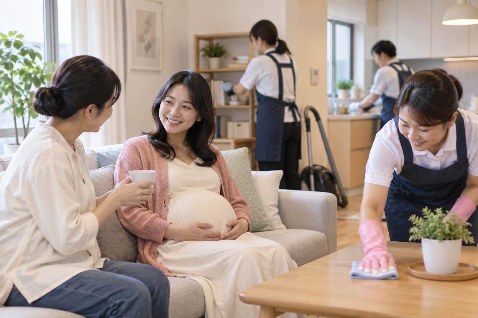 광주 임신부가 집에서 휴식을 취하는 동안 여러 가사지원 서비스 직원이 청소와 정리정돈을 돕는 모습