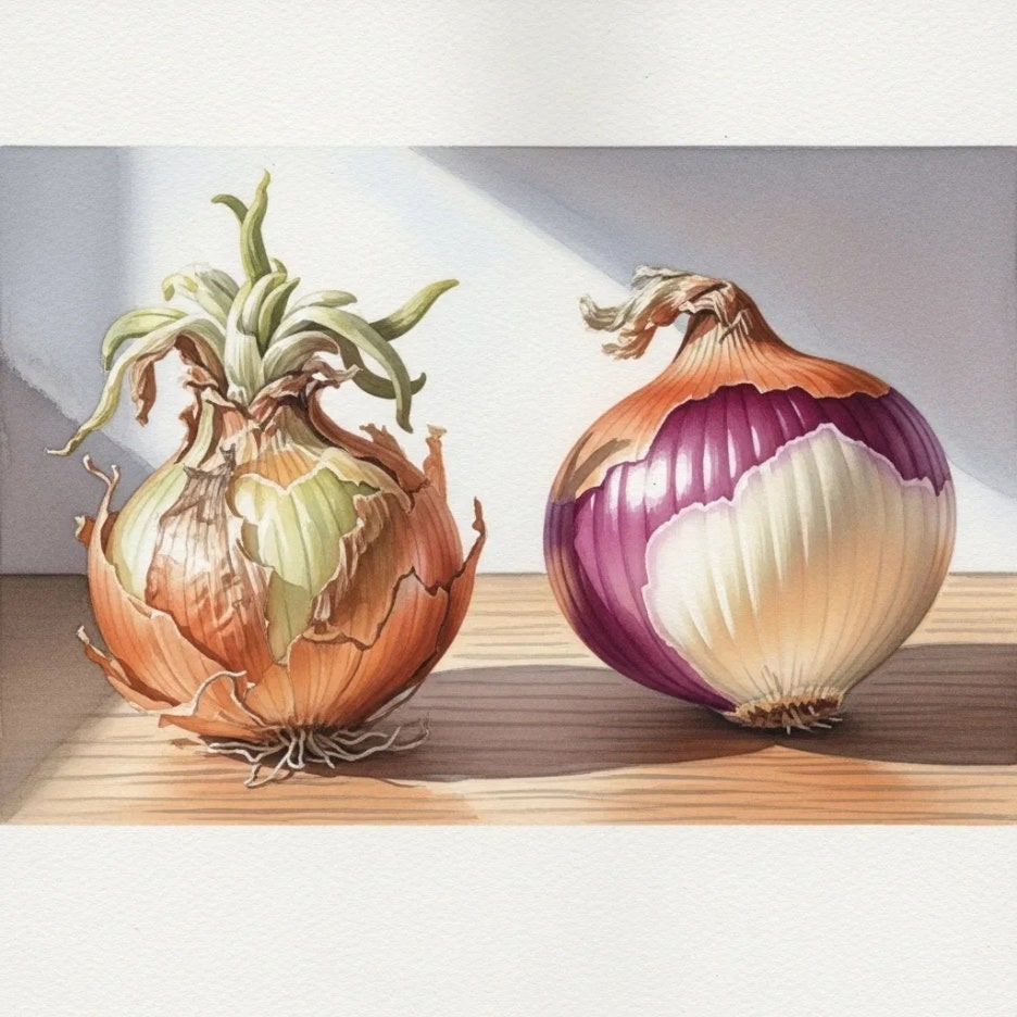 상하기 시작한 양파와 신선한 양파의 대비