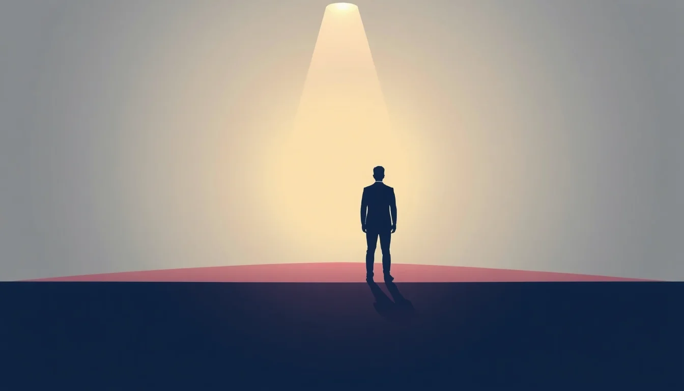 스포트라이트 아래 서 있는 정장 차림의 남자