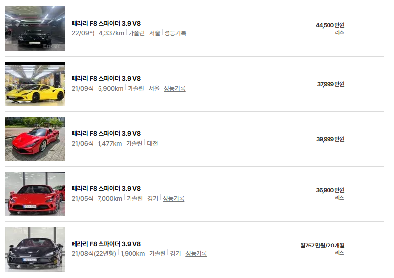 페라리 F8 중고차 가격 시세표 유지비