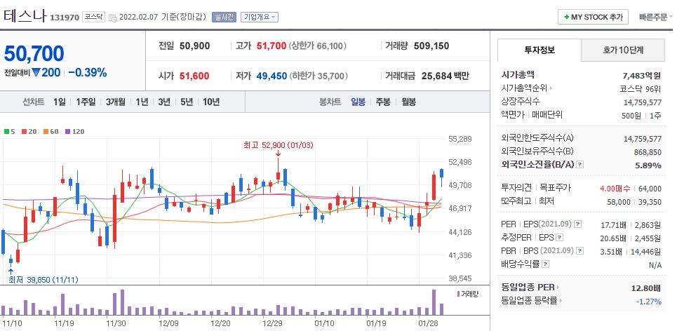 테스나 차트(일봉)