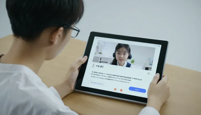 태블릿을 활용해 AI 영상 제작 방법을 배우는 장면을 표현했습니다.