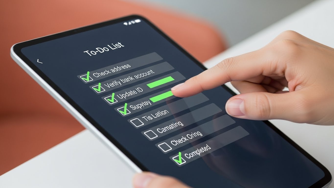 스마트폰에 주소, 계좌, 본인인증 등 3차 민생지원금 수령을 위한 준비사항 체크리스트를 확인하는 손