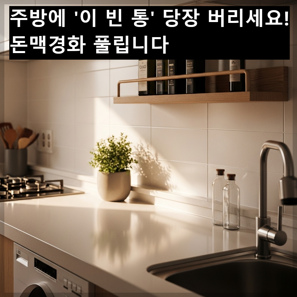 재물운을 높이기 위해 깔끔하게 정돈된 주방 선반과 황금빛 식용유 유리병 모습