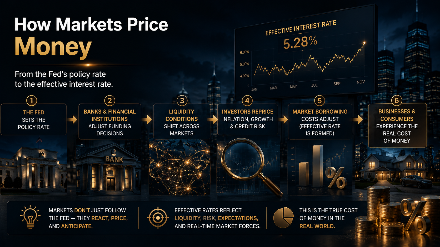Flowchart showing how monetary policy becomes the market's effective interest rate through liquidity, bank funding, inflation expectations, and investor behavior.