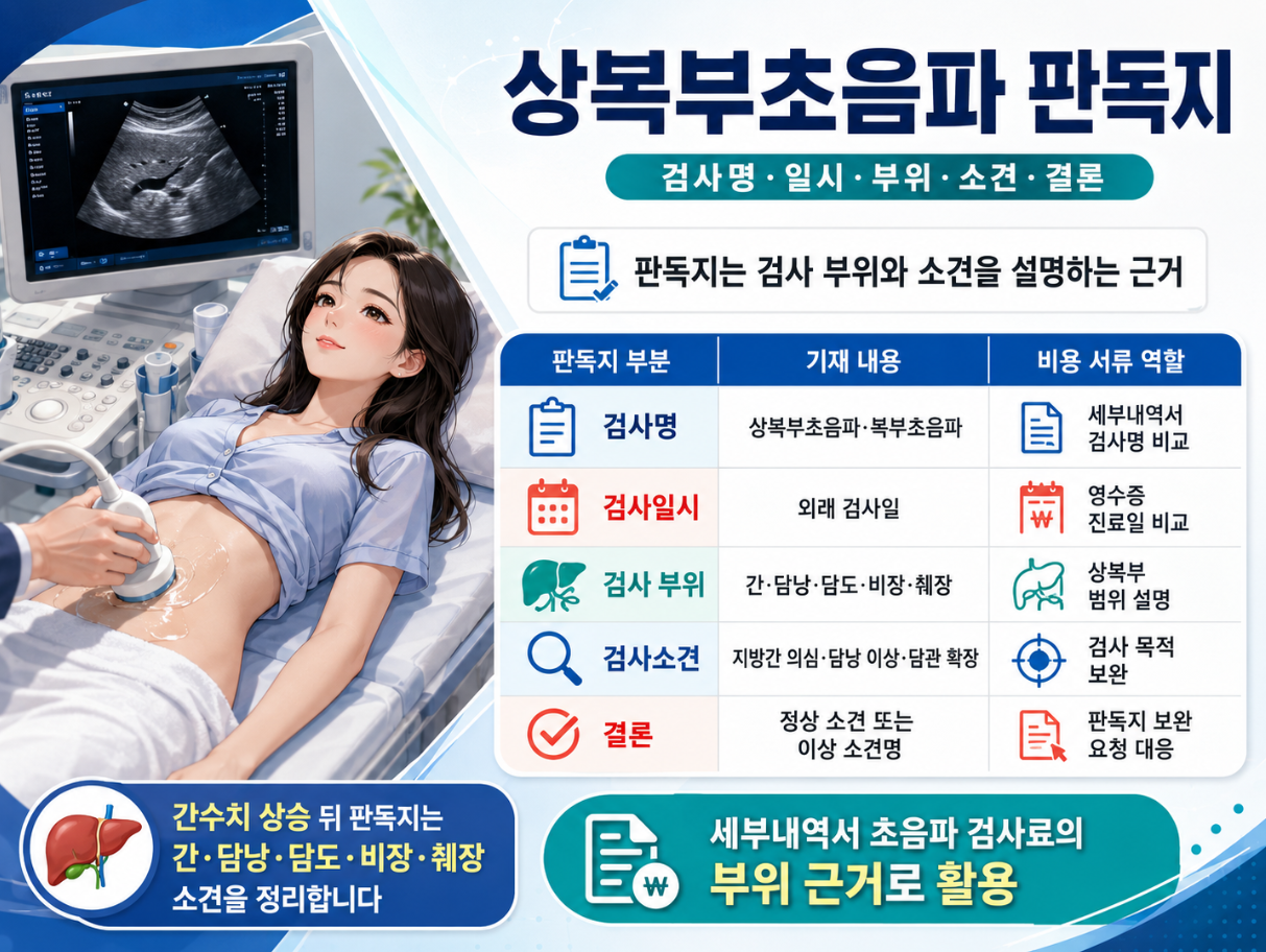 상복부초음파 판독지의 검사명, 검사일시, 검사 부위, 검사소견, 결론과 비용 서류 역할을 정리한 의료 인포그래픽