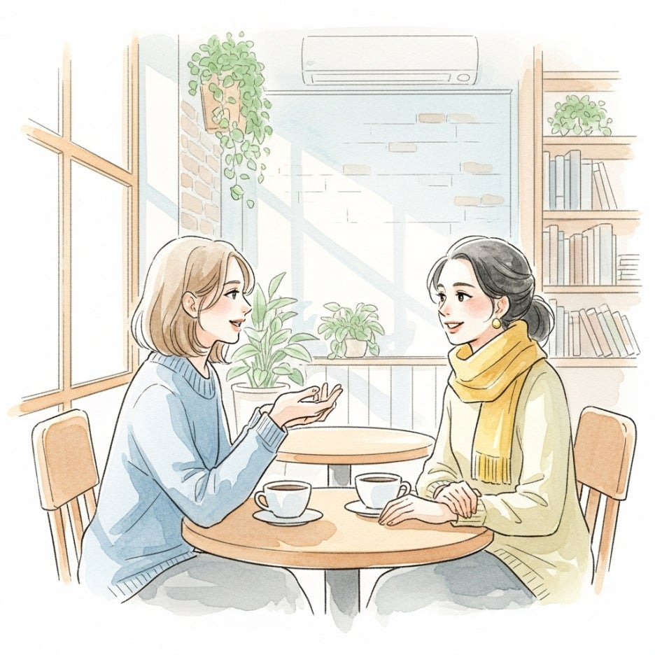 카페에서 다정하게 대화를 나누는 친구들의 모습