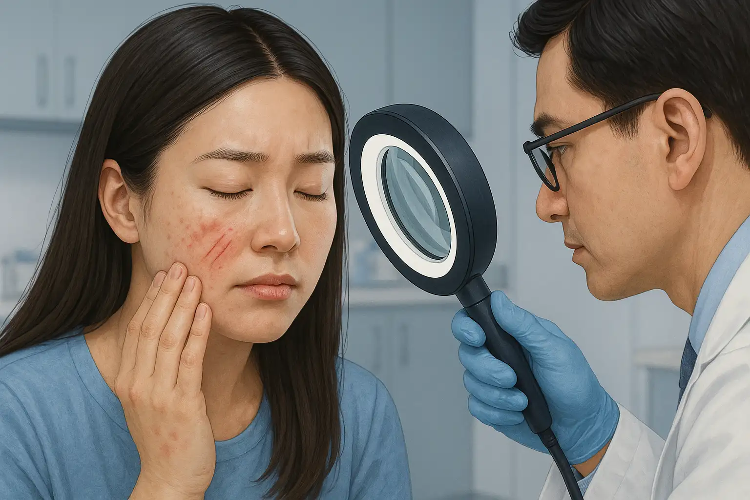 피부과 진료를 받는 여성, 의사가 얼굴 피부를 확대경으로 검사하는 장면, 붉은 두드러기와 긁힌 상처