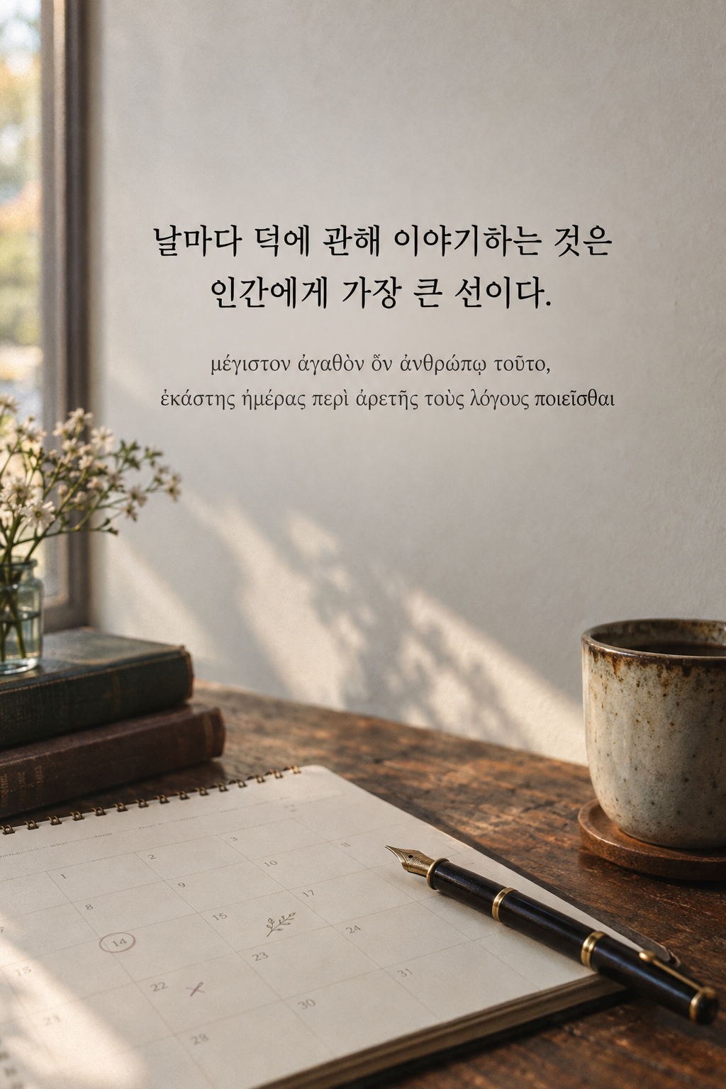 소크라테스 명언 13 &mdash; 날마다 덕에 관해 이야기하는 것은 인간에게 가장 큰 선이다. &mdash; 매일 쓴 흔적이 있는 달력과 펜