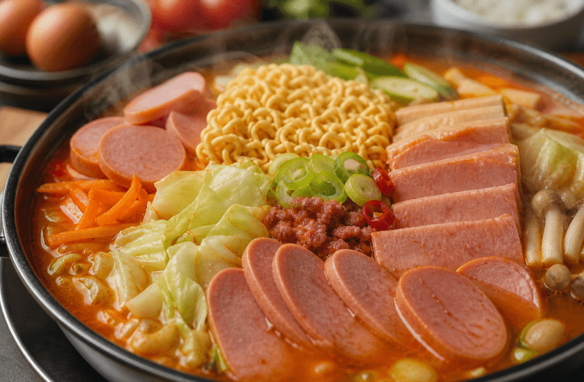 햄과 야채가 올려진 부대찌개