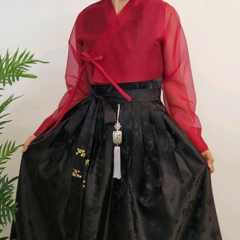 생활한복 저고리 와인 시스루 로즈실크 개량한복