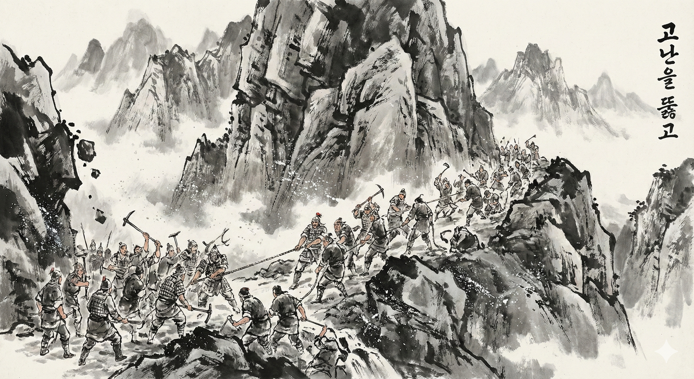 험준한 산맥 사이로 힘겹게 길을 내고 있는 고대 군사들의 모습 혹은 거친 강물 위에 임시 다리를 놓고 건너가는 역동적인 묵화(수묵화) 이미지