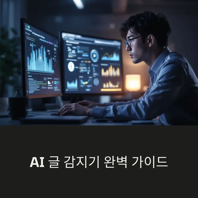 AI 감지 시스템 화면을 바라보며 분석 중인 데이터 사이언티스트의 모습, 모니터에 시각화된 AI 판별 차트가 표시됨