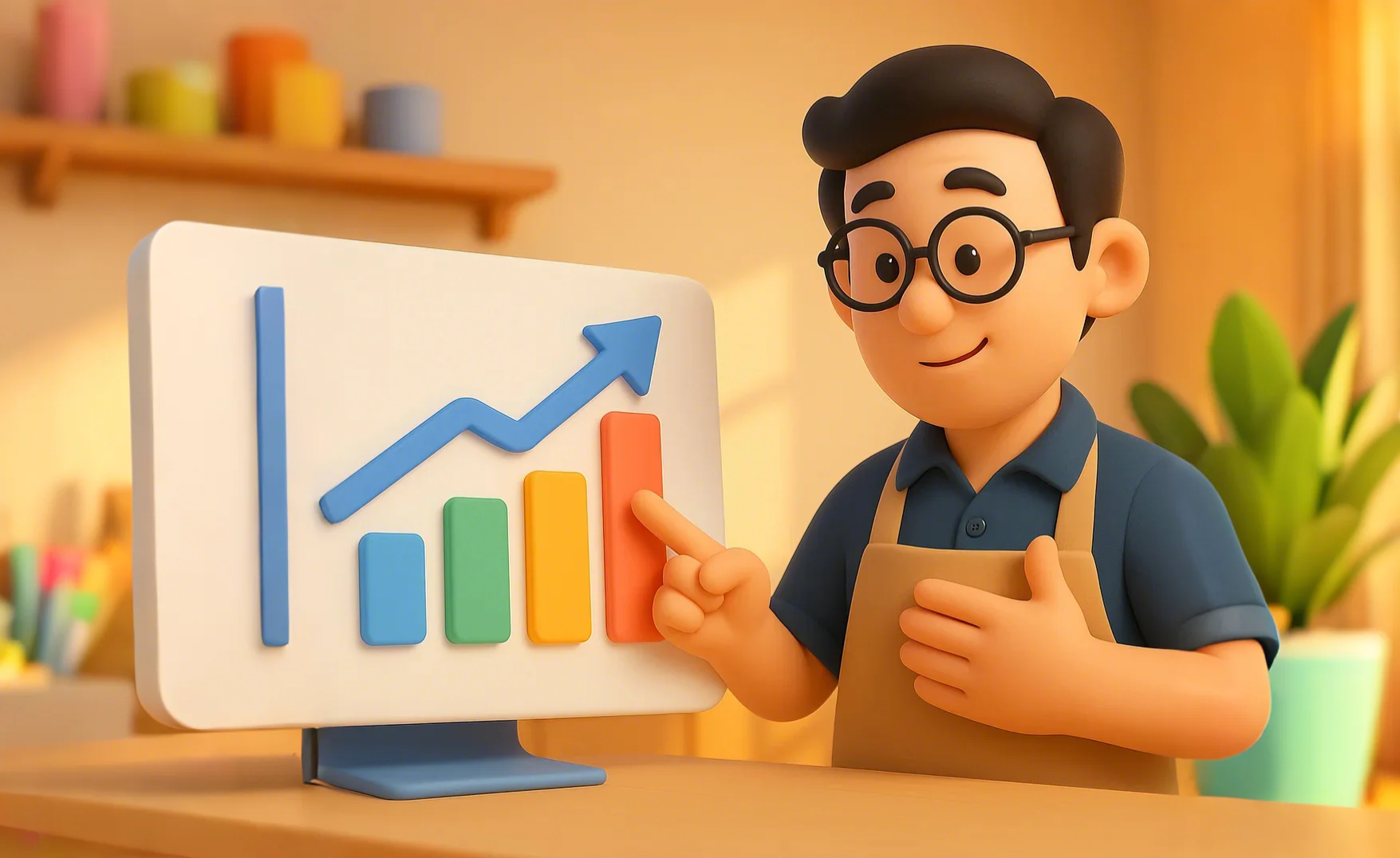 매출 데이터를 보여주는 그래프와 차트가 있는 대시보드를 보며 분석하는 가게 주인의 모습