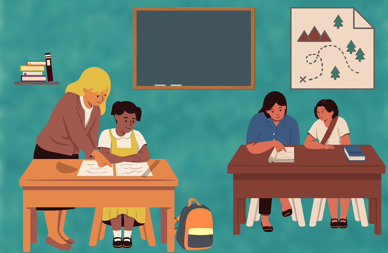 교실에서 학생들을 교육하는 선생님의 모습