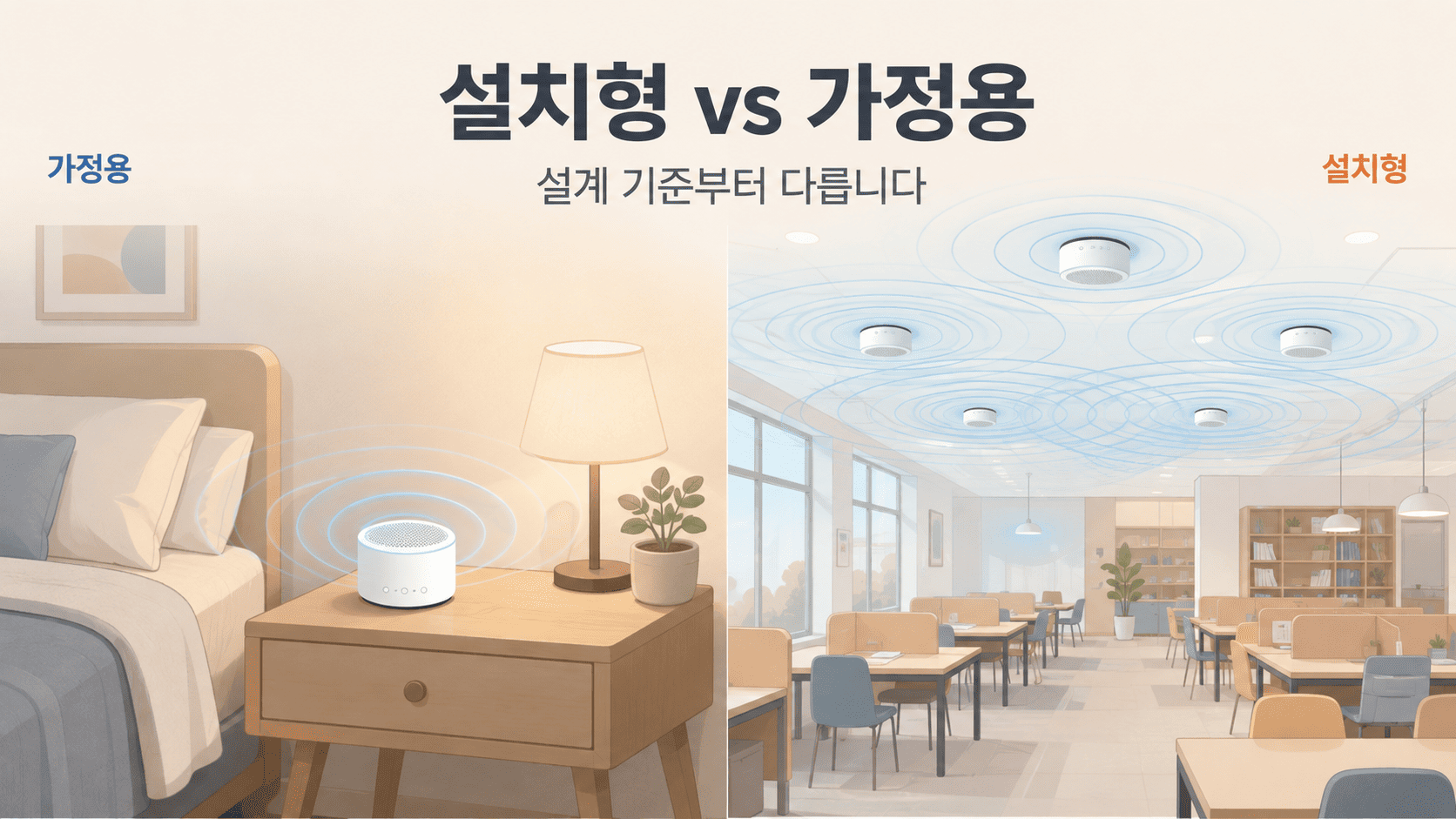 설치형 백색소음기와 가정용 백색소음기의 설계 차이를 비교하는 일러스트