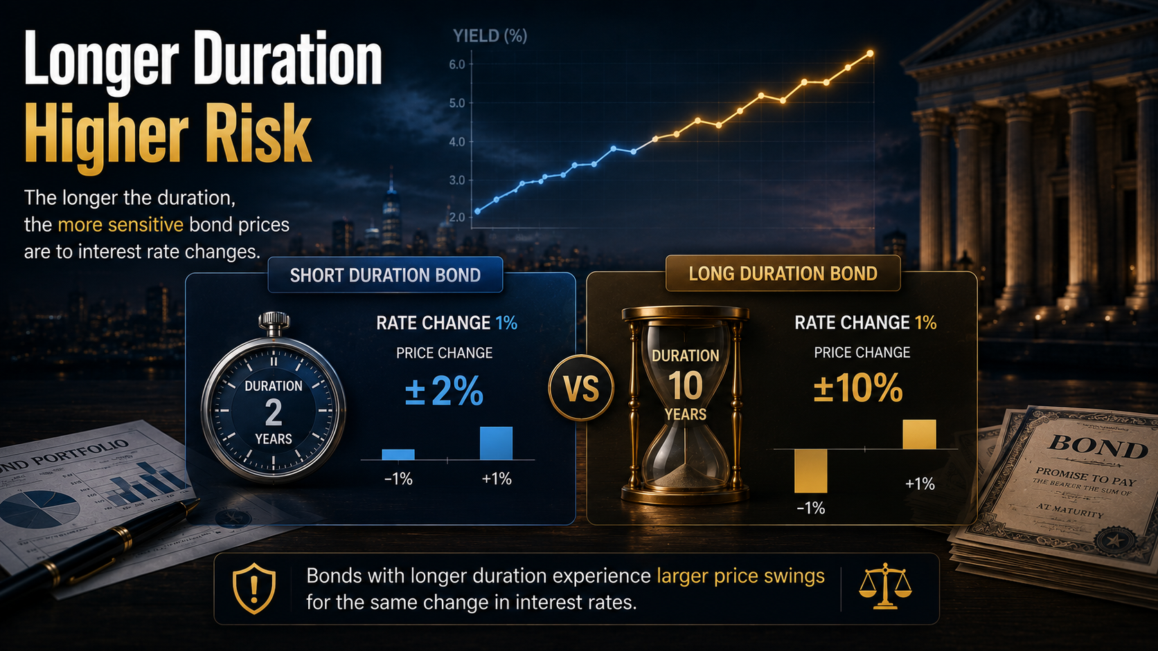 Comparison of short- and long-duration bonds showing greater price sensitivity as Modified Duration increases.