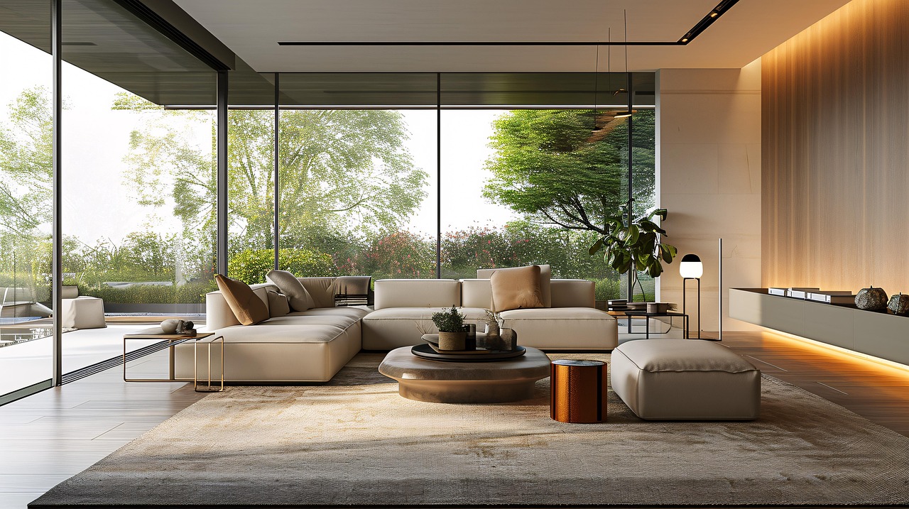 넓고 큰 통창이 돋보이는 거실