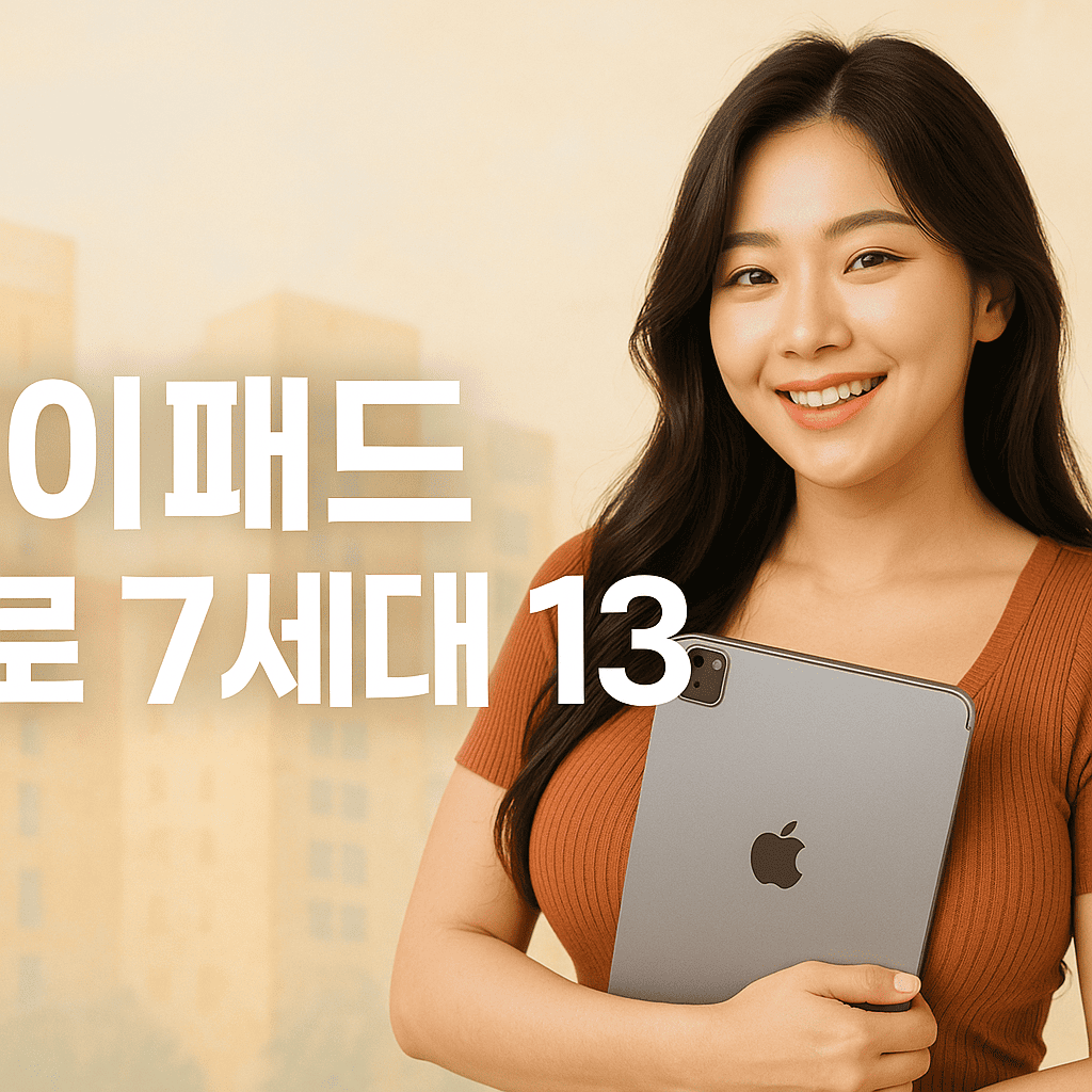 아이패드-프로-7세대-13-긴-웨이브-머리-한국인-여성-밝은-미소로-정면-응시-아이패드-프로-가슴에-안고-주황빛-골지-상의-입음-부드럽고-따뜻한-톤의-추상화된-건물-배경-왼쪽에-아이패드-프로-7세대-13-텍스트