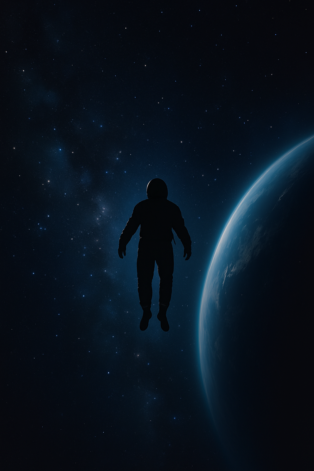 우주 진공 속에 떠 있는 인간 실루엣