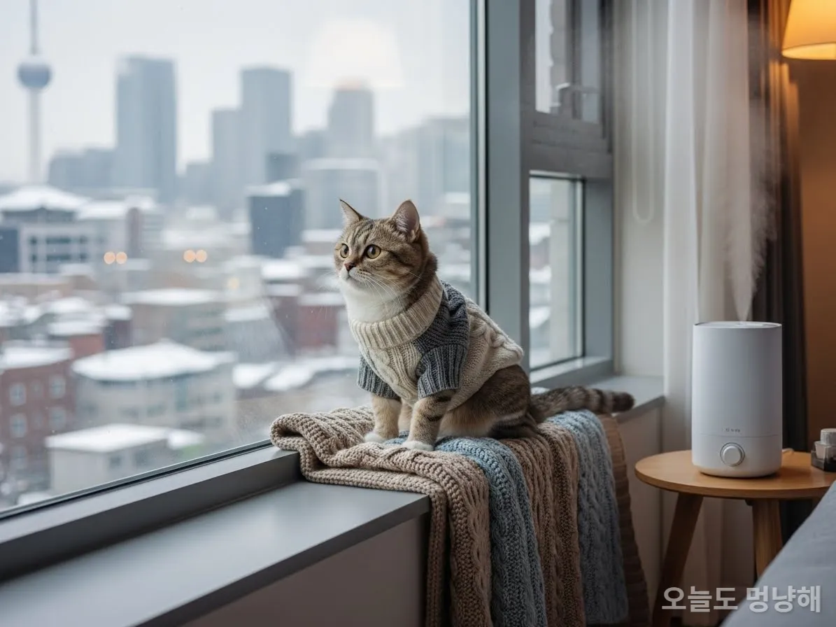 겨울철 따뜻한 실내에서 창밖을 보는 한국 고양이와 가습기