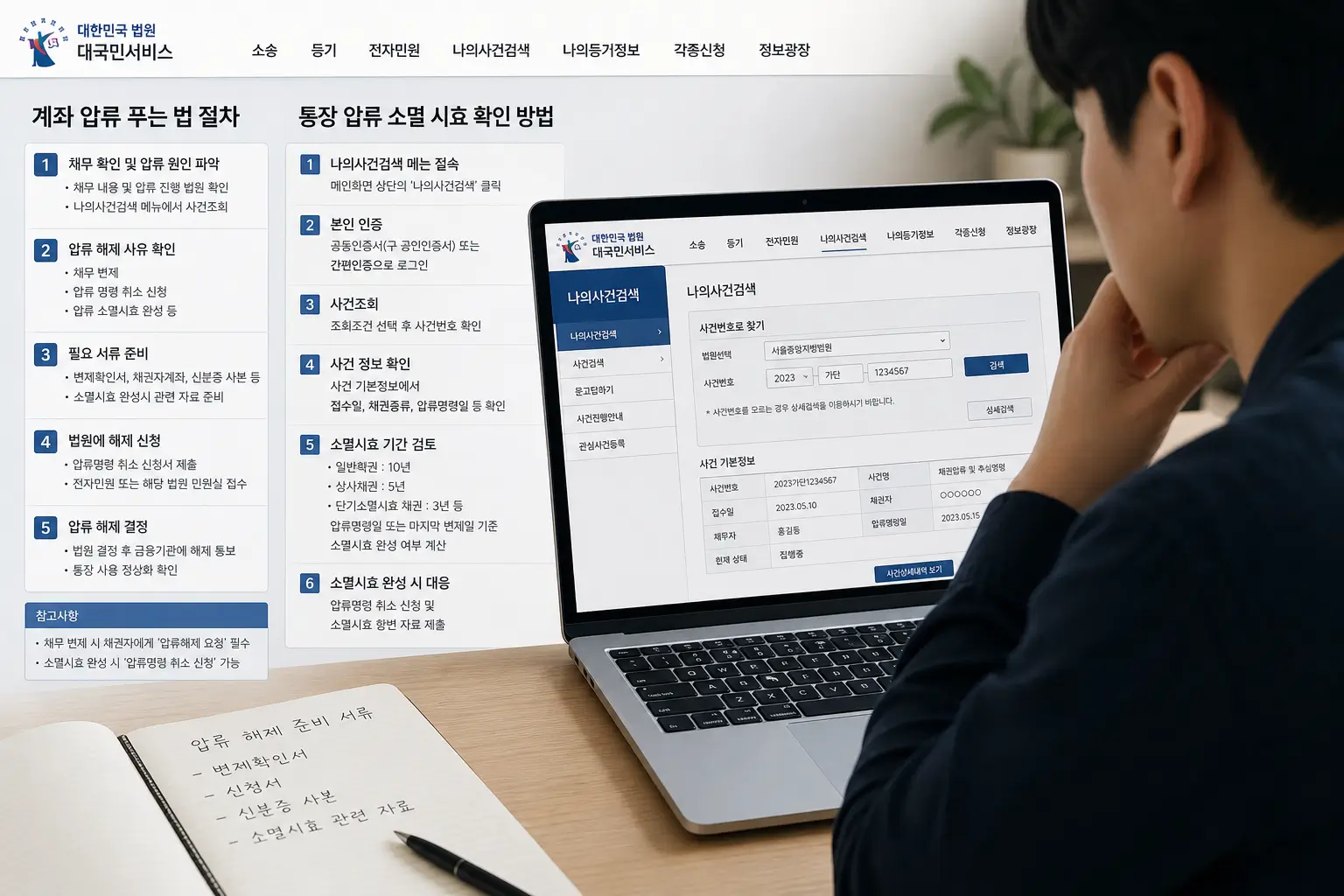 계좌 압류 푸는 법 절차와 통장 압류 소멸 시효 확인 방법을 대한민국 법원 대국민서비스 전산망으로 검토하는 채무자