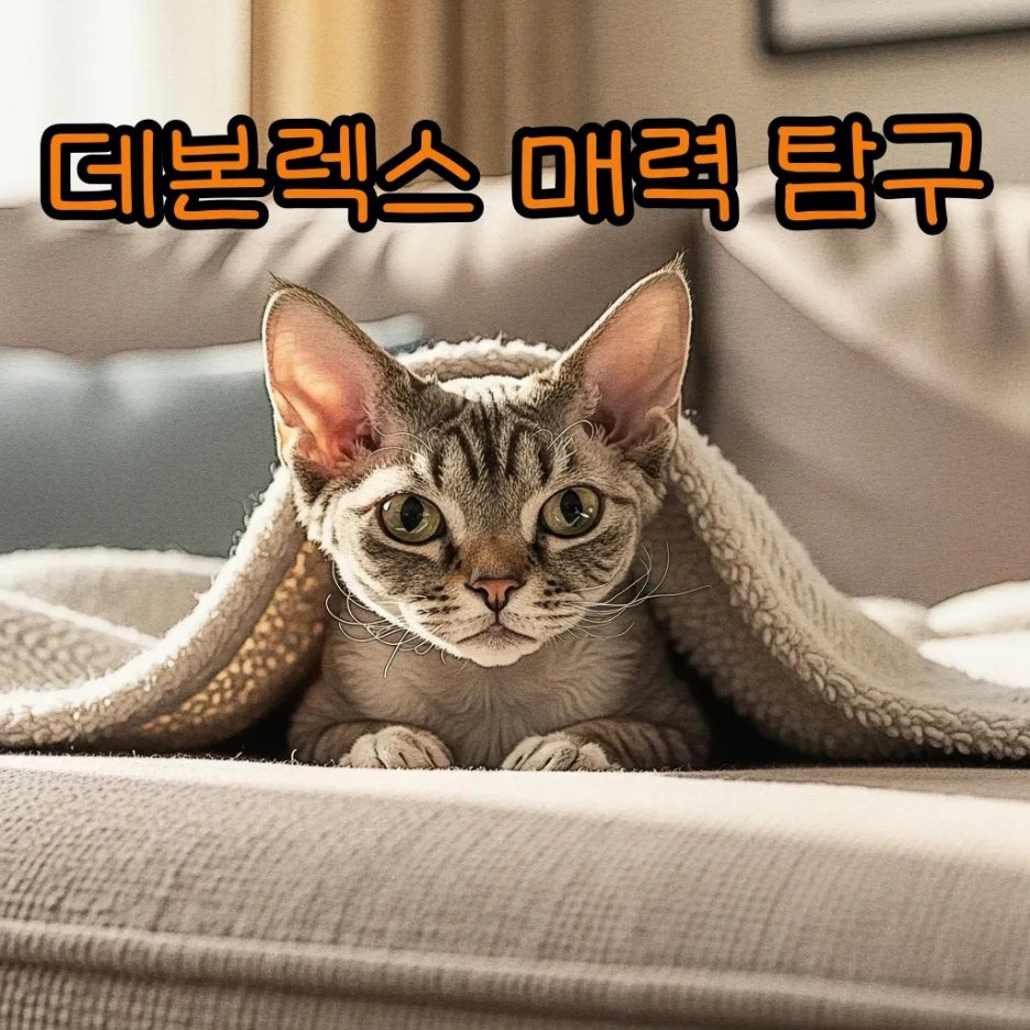 포근한 소파에서 호기심 가득한 데본렉스 고양이