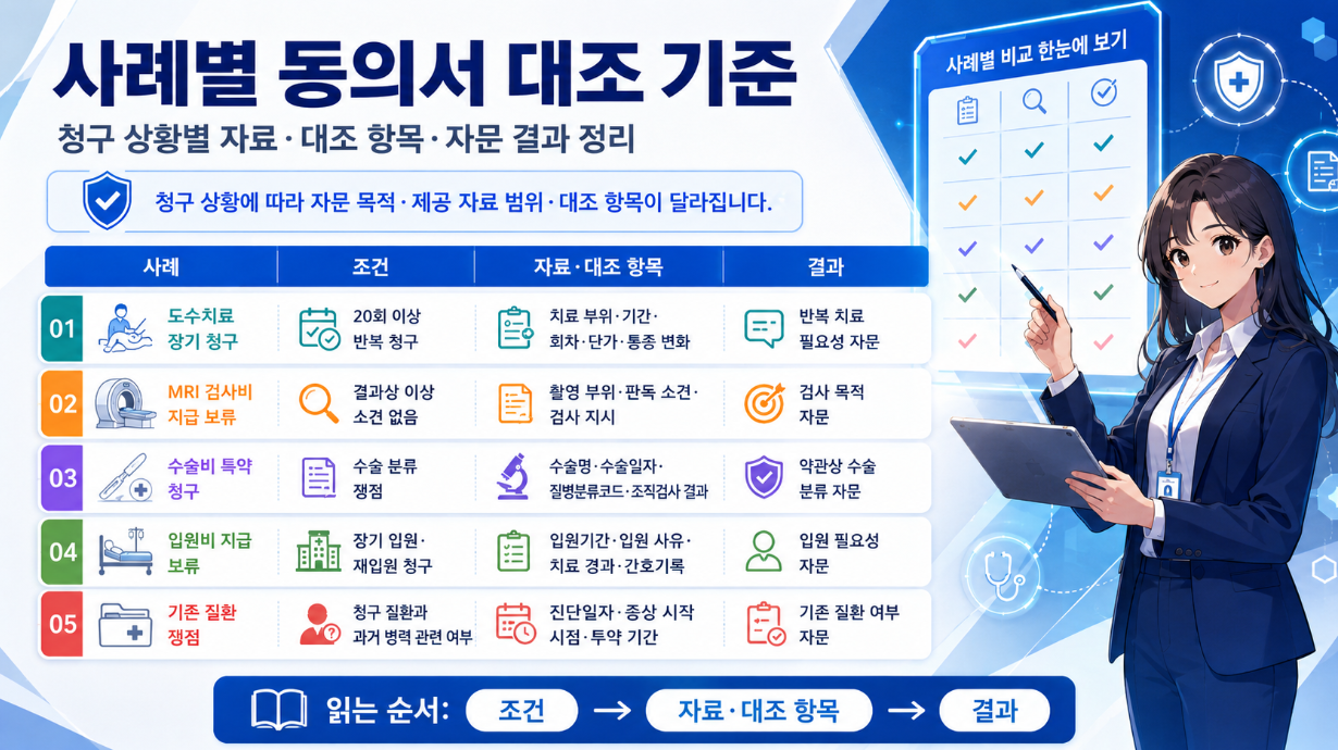 사례별 동의서 대조 기준을 설명하는 가로형 인포그래픽으로, 도수치료, MRI 검사비, 수술비 특약, 입원비, 기존 질환 사례별 조건&middot;자료&middot;대조 항목&middot;결과를 비교표로 정리하고 여성 안내 담당자 일러스트를 배치한 이미지