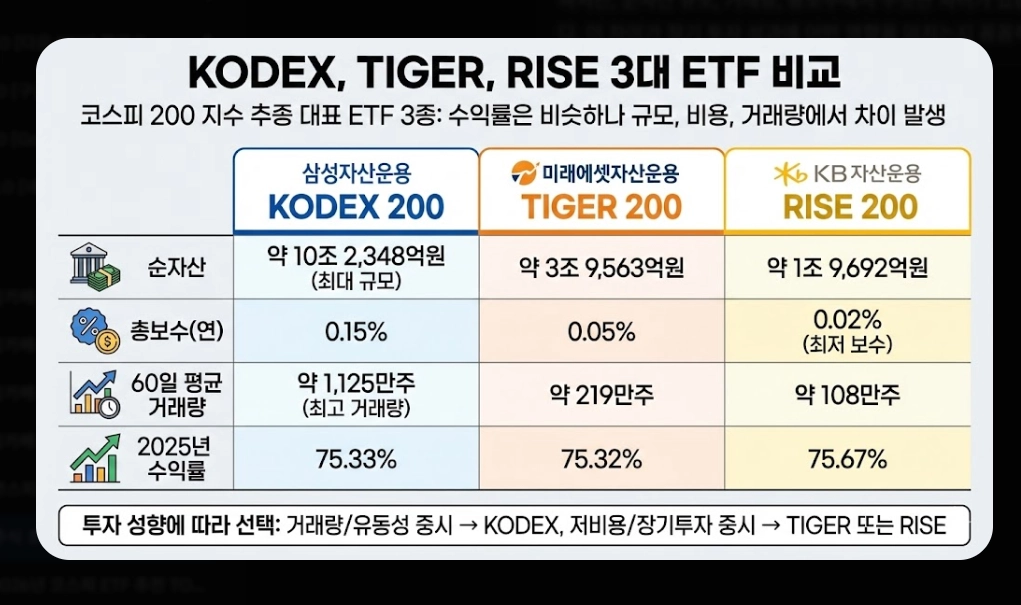 코스피200 ETF 선택 기준 [초보자 필독] KODEX&middot;TIGER&middot;RISE 비교 및 유형별 추천