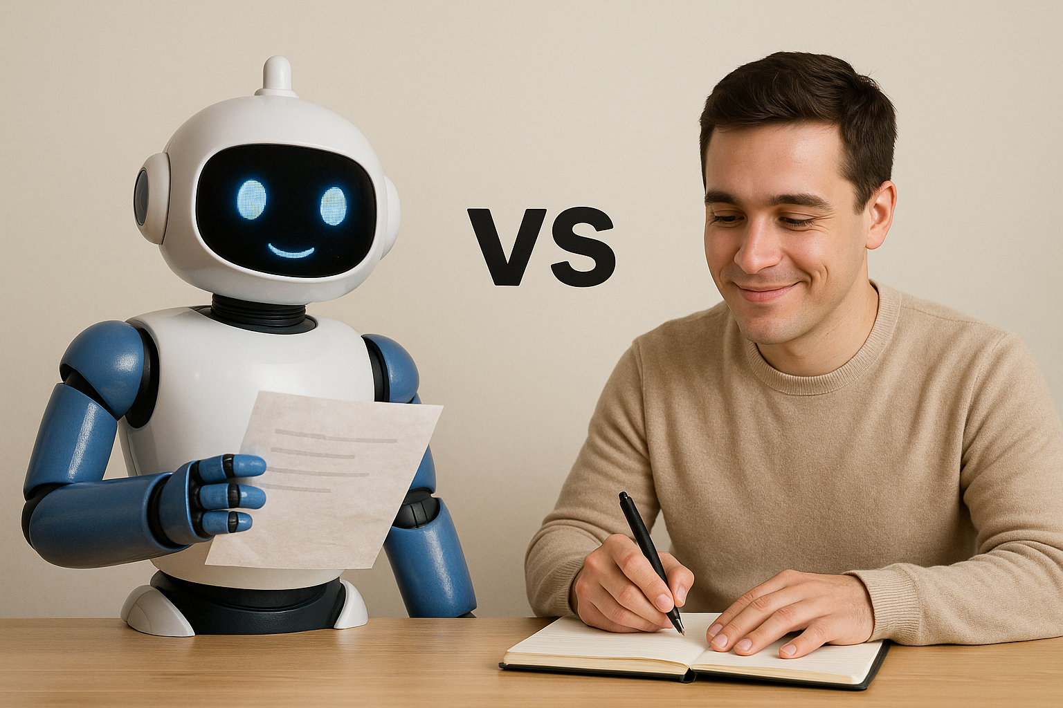 에이전틱 AI와 사람이 블로그 글을 주제로 나란히 비교하는 장면 &ndash; 감성 vs 정보 중심 콘텐츠 대결