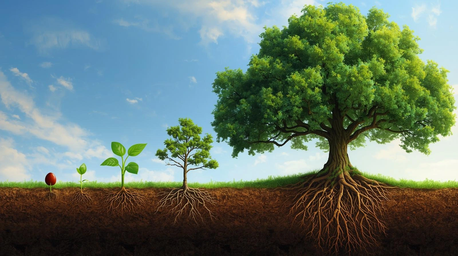 작은 씨앗에서 시작해 단단한 뿌리를 내리고 뻗어 나가는 울창한 나무 이미지)