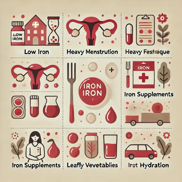 빈혈의 원인과 개선법을 아이콘으로 나타낸 인포그래픽 &ndash; 철분 부족, 생리, 영양제, 수분 등 상징 요소 구성