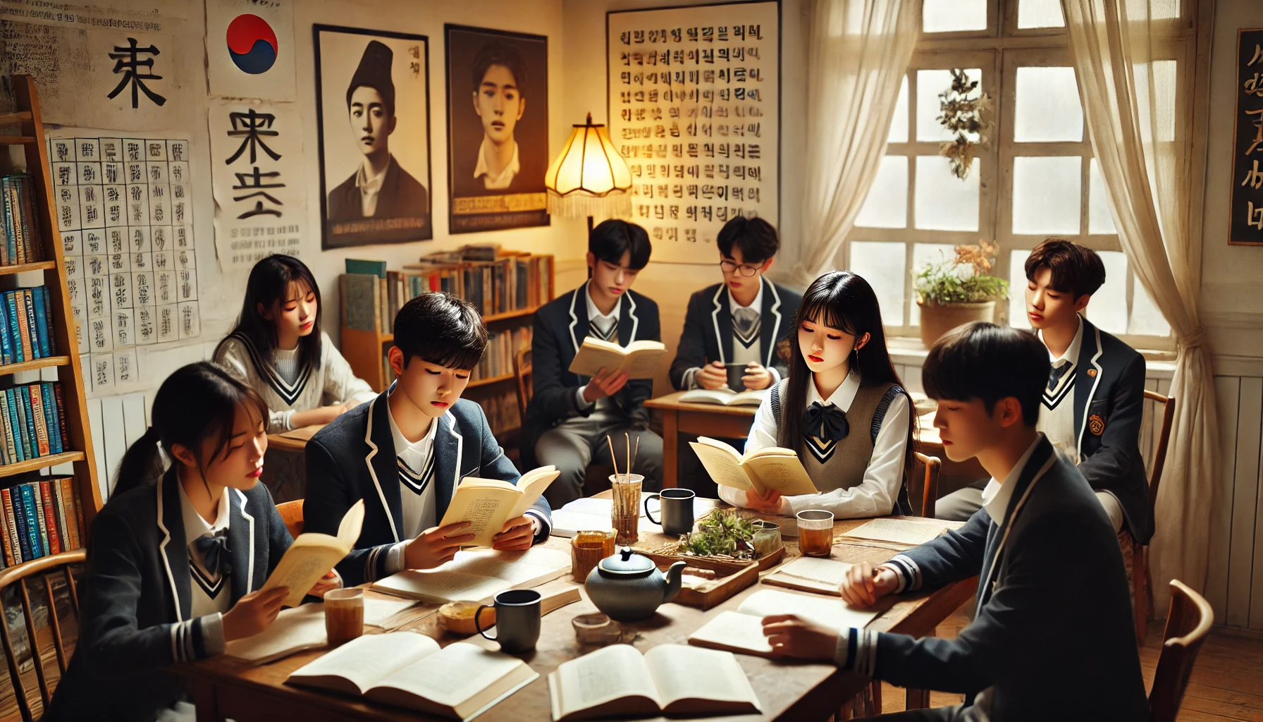 문예 동아리에서 시를 낭독하고 비평하는 고등학생들의 따뜻한 교실 풍경