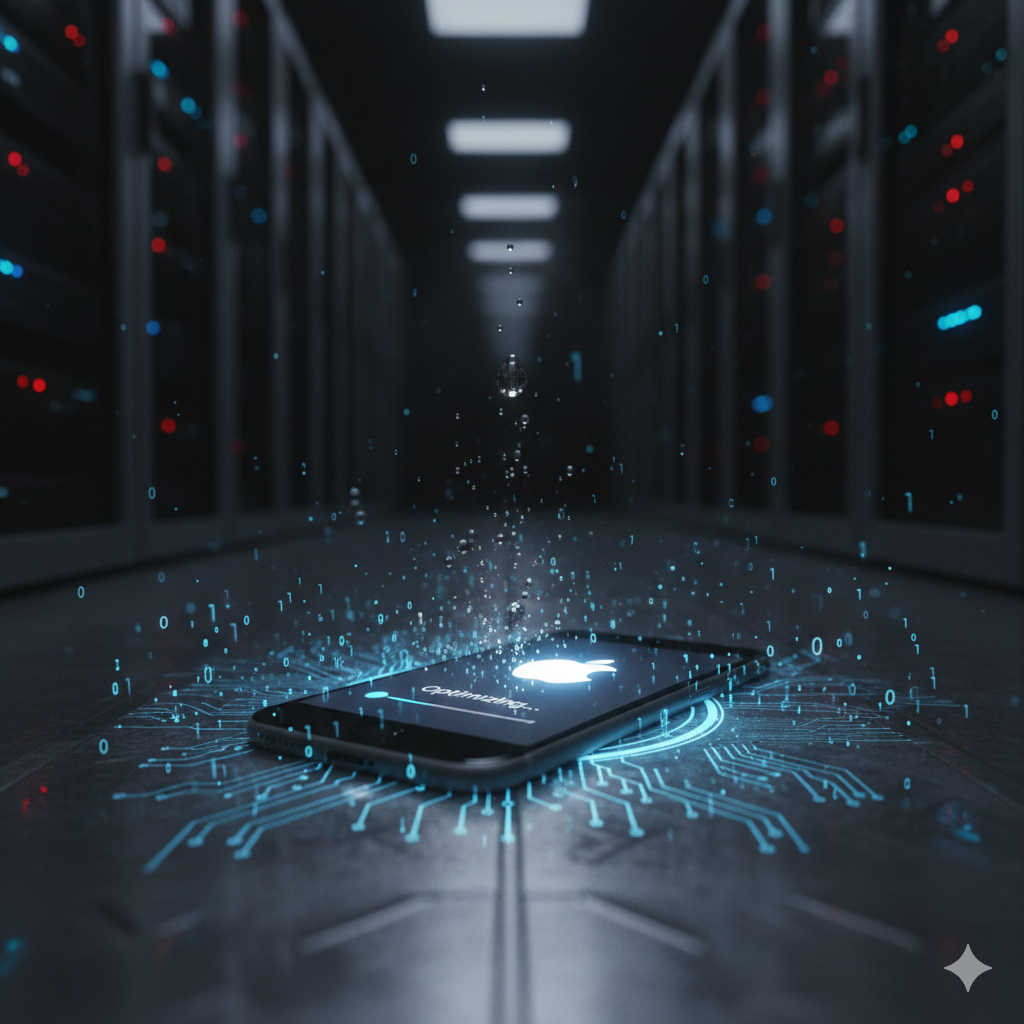 어두운 서버실 바닥에 놓인 아이폰 화면에 애플 로고와 로딩 바가 표시되어 있으며, 기기 주변으로 푸른 빛의 회로 패턴과 디지털 데이터 입자들이 공중에 떠다니는 신비롭고 기술적인 분위기의 이미지