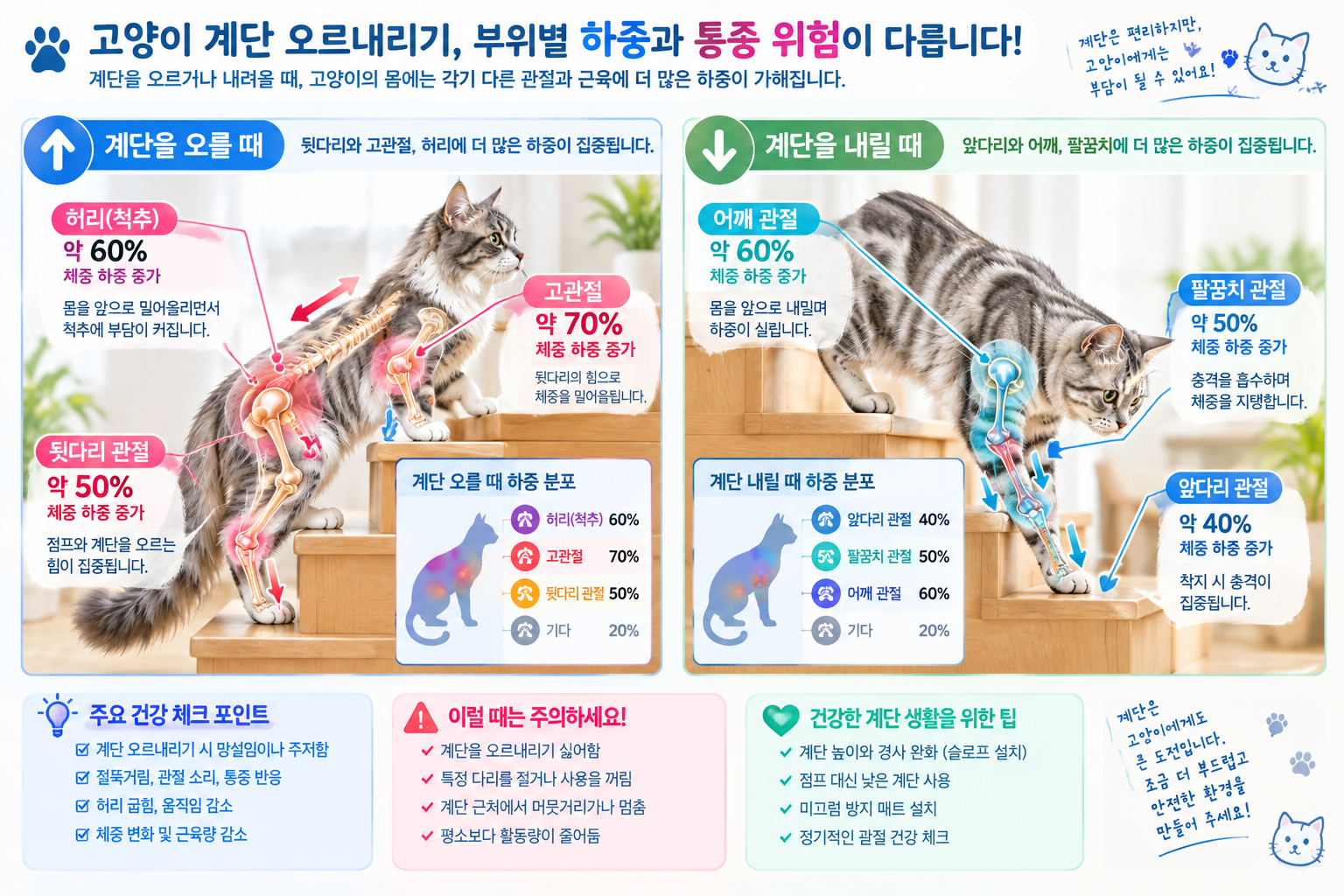 고양이 계단 오르내리기 하중 및 통증 부위 비교
