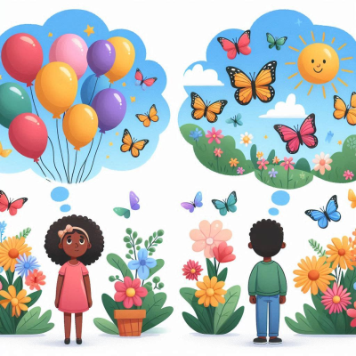 꽃밭과 나비가 있는 상상 속의 아름다운 정원을 꿈꾸는 사람의 이미지입니다.