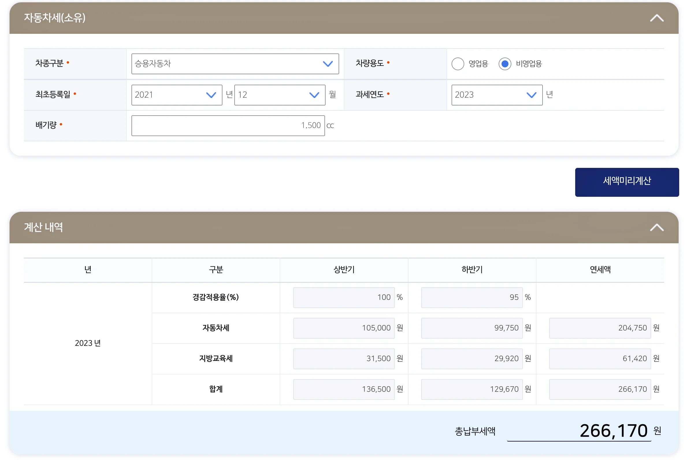 자동차세 총 금액을 확인합니다.