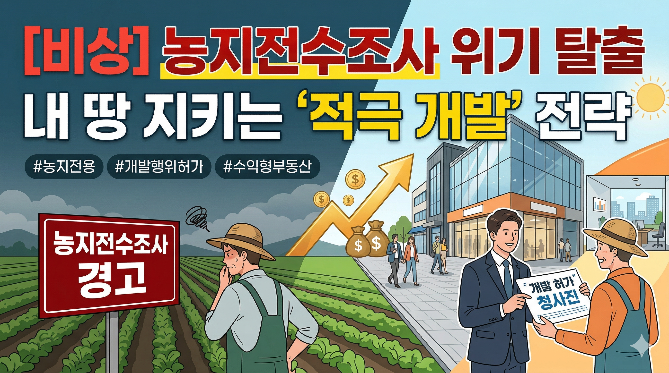 농지전수조사 위기에 처한 농부가 '적극 개발' 전략(농지전용, 개발행위허가)을 통해 토지 가치를 높이고 수익형 부동산으로 전환하는 과정을 시각화한 블로그 썸네일