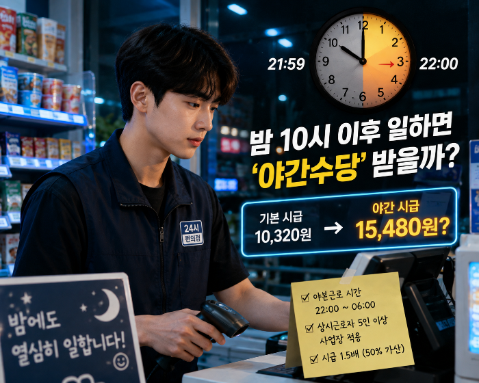 밤 10시 이후 편의점에서 일하는 남자 알바생의 2026 최저시급과 알바 야간수당 1.5배 적용 조건을 보여주는 이미지