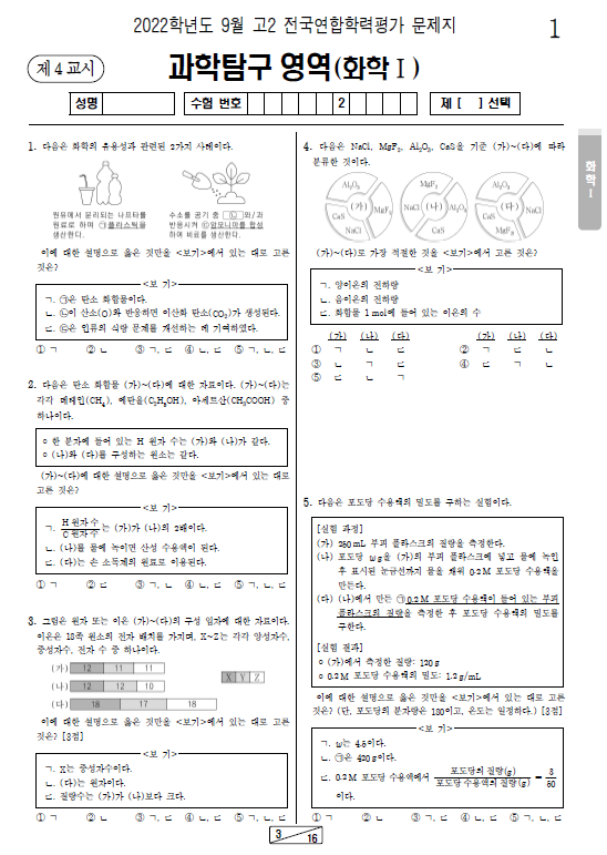 2022-9월-고2-모의고사-화학 1-기출문제-다운