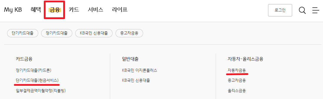 국민카드 금융서비스 현금 서비스