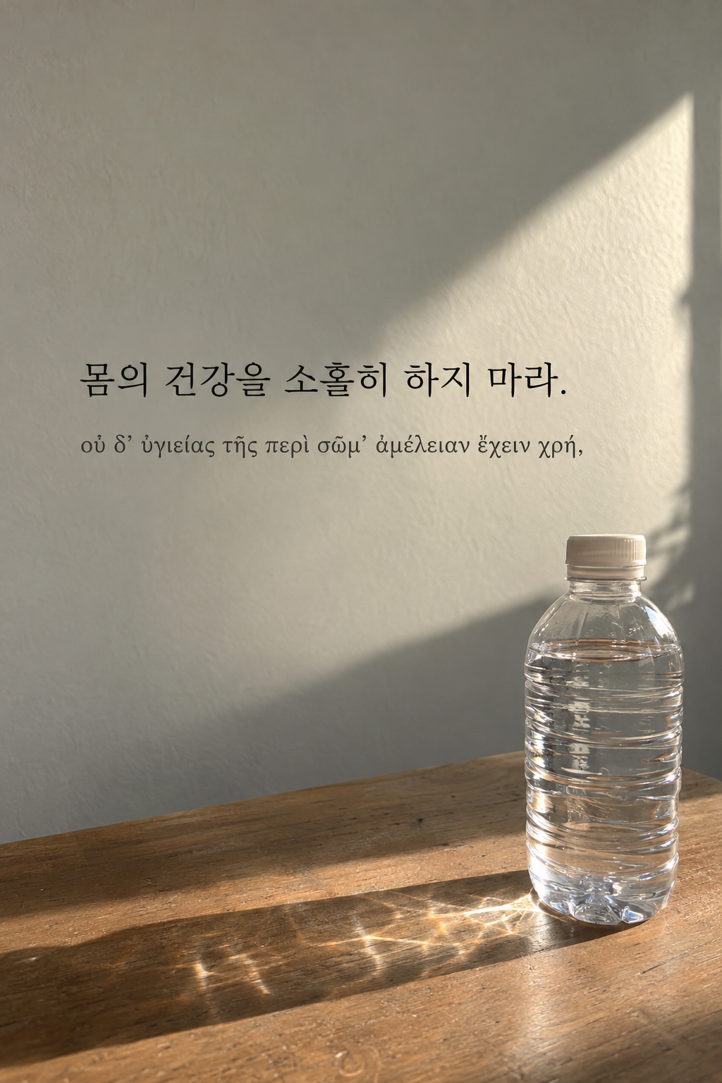 몸의 건강을 소홀히 하지 마라. 햇빛을 받는 투명한 물병 배경에 한국어와 그리스어 원문을 담은 피타고라스 학파 명언 이미지