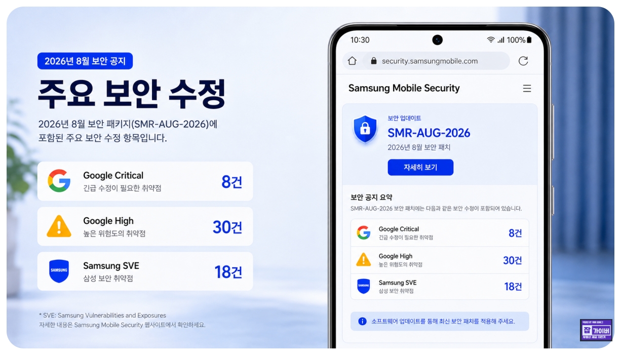 삼성 SMR-AUG-2026 보안 패치 Google Critical 8건 High 30건 Samsung SVE 18건